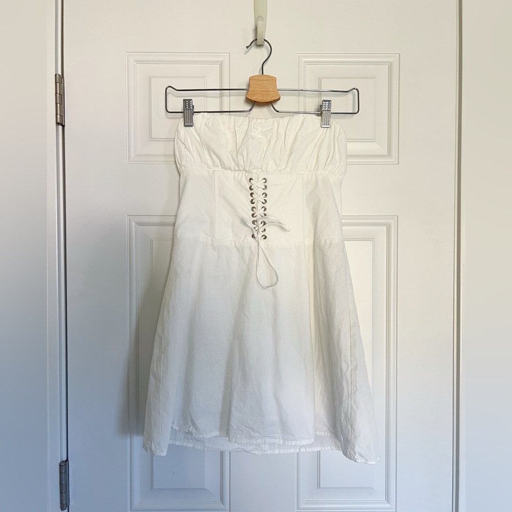Princess Polly Corset Tie up Linen White Strapless Mini Dress